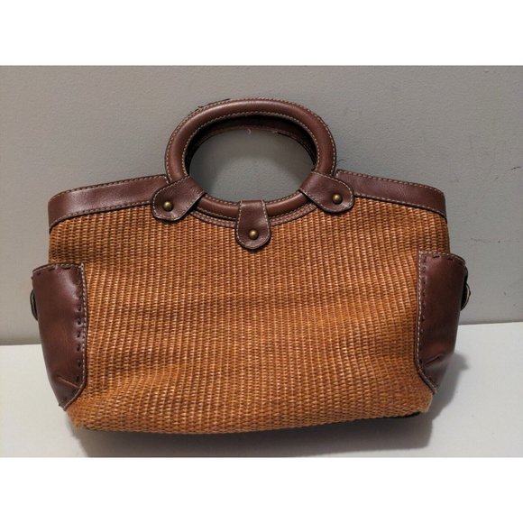 Fossil Woven Straw & Leather Tote Purse #76082 Tan & Brown - Picture 2 of 9